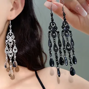 Vintage Court Style Hollow Out Waterdrop Rhinestone Tassel Drop Earrings For Women Luxury Zinc Alloy Jewelry With 925 Silver Post