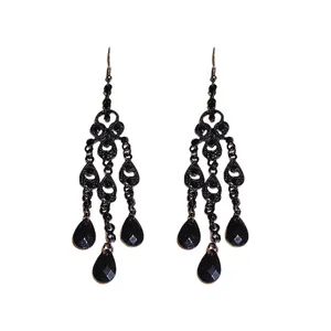 Vintage black chandelier earrings with hollow water drop tassels and shiny rhinestones