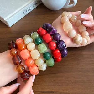 Irregular Geometric Acrylic Beaded Bracelet For Women Vintage Fashion Marble Pattern Niche Design Elastic Hand Chain Bangle