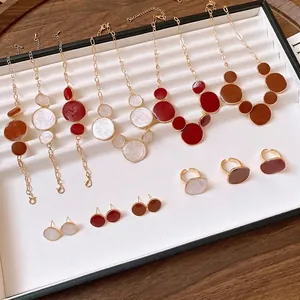 French Retro Irregular Round Pendant Necklace Ring Earrings Bracelet Set Gold Plated Alloy Enamel Drip Oil Jewelry For Women
