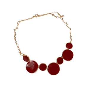 French retro necklace with irregular red circular pendants in gold finish for women