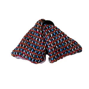 Elegant woven multi-color tweed fabric triangle hair claw clip for women on white background