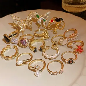 Luxury Gold Plated Zirconia Dragon Butterfly Adjustable Open Ring Copper Artificial Pearl Rhinestone Fashion Jewelry For Women