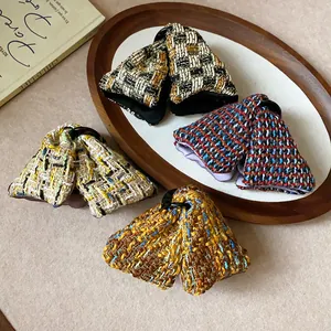 Set of four colorful tweed fabric triangle hair claw clips for women style