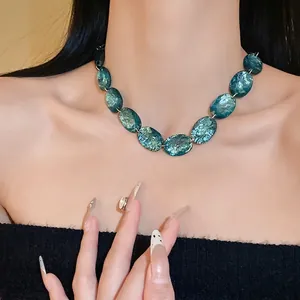 Elegant vintage teal oval resin stone necklace for women stylish high-end clavicle chain