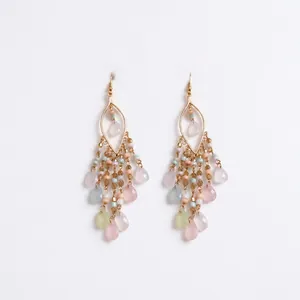 Elegant Bohemian beaded tassel earrings featuring colorful teardrop faceted stones on gold hooks