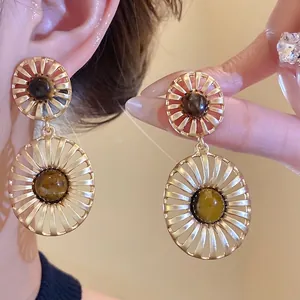 French Vintage Tiger Eye Stone Hollow Oval Earrings Gold Brown Alloy Drop Earrings With Silver Earring Post Elegant Retro Jewelry For Women
