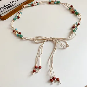 Bohemian handmade woven rope waist chain with colorful acrylic beads and tassel ends