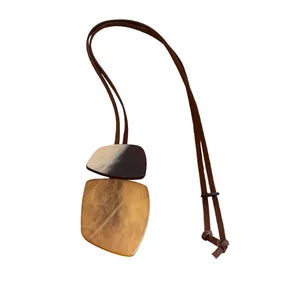 Retro minimalist irregular horn plate pendant necklace with ethnic style brown cord