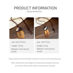 Detailed specifications for retro irregular horn and acrylic necklaces on wooden surface