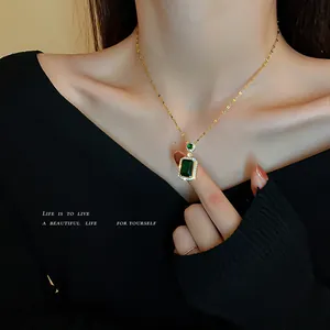 Elegant vintage emerald square pendant necklace for women with gold chain and crystals