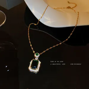 Retro square emerald pendant necklace with crystal pavé on a gold-plated fashion chain