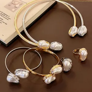 French Vintage Irregular Pleated Artificial Pearl Choker Necklace Copper Gold Silver Plated Baroque Pearl Ring Bracelet For Women