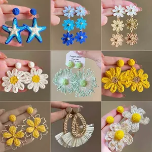 Bohemian Floral Woven Drop Earrings For Women Summer Beach Vacation Sweet Flower Stud Earrings Alloy Silver Post Jewelry