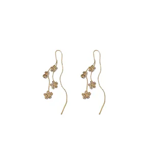 Elegant gold-plated earrings featuring zircon-studded flowers and wave tassels.