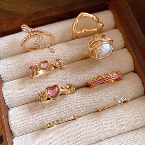 French Vintage Gold Ring Set For Women Rhinestone Pink Heart Artificial Pearl Snake Pattern Adjustable Open Fingers Ring Jewelry Gift