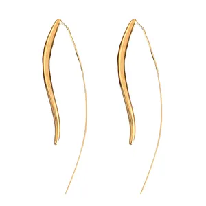 Elegant minimalist long glossy gold drop hook earrings with curved sleek designs