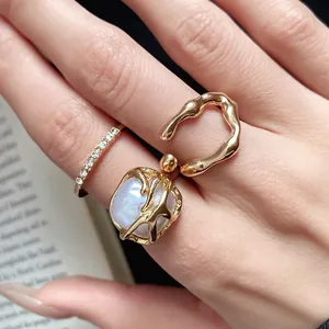 French vintage gold ring set with baroque pearl and rhinestones for women