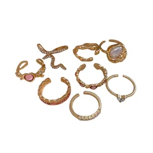 Set of 8 vintage heart rhinestone gold adjustable rings in French retro palace style