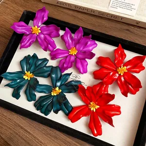 Exaggerated Acrylic Flower Stud Earrings With Silver Earring Post Handcrafted Rice Bead Core 3D Floral Resort Style Personality Niche Jewelry For Women