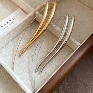 Close-up of elegant gold and silver smooth drop long hook earrings in a jewelry box