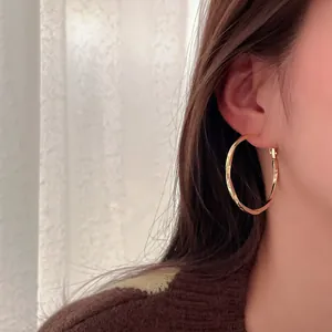 Detail shot of a minimalist gold twisted hoop earring worn by an Asian model.