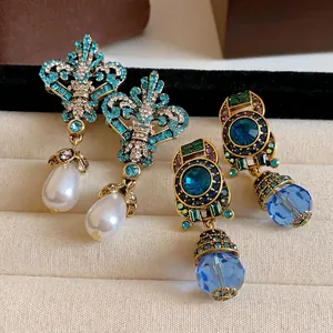Vintage Baroque Blue Water Drop Earrings For Women With 925 Sterling Silver Post Alloy Rhinestone Artificial Pearl Jewelry
