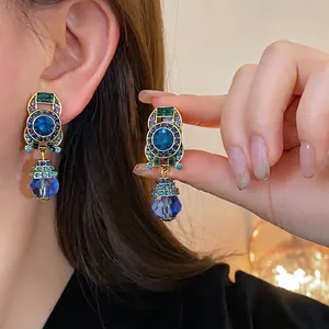 Vintage blue crystal geometric drop earrings for women with elegant retro design