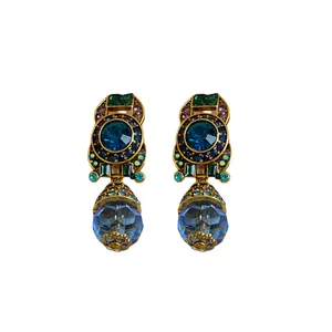Vintage blue crystal drop earrings with silver needles and elegant geometric design