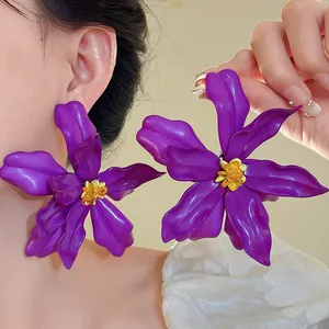 Statement oversized purple acrylic flower stud earrings with silver needles and bead center