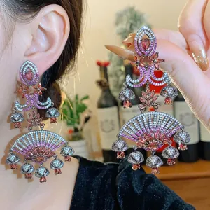 Vintage Palace Style Fan Drip Drop Earrings Copper Zirconia Luxurious Gun Black Pink Red With 925 Sterling Silver Post For Women Jewelry