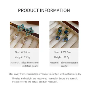 Macro detail of vintage blue rhinestone earrings with teardrop pearls and crystal spheres