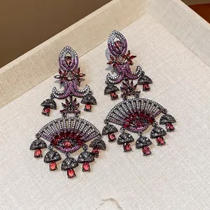 Vintage luxury fan-shaped chandelier earrings featuring exquisite ruby red zircons