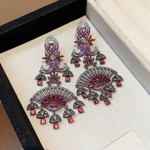 Vintage palace style fan earrings with red zircon teardrop pendants and silver needles