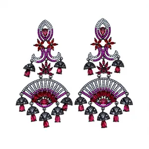 Vintage fan-shaped drop earrings with red and white zircons in black gold finish.