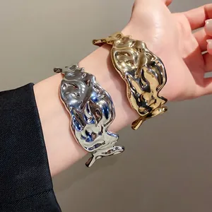 Irregular Pleated Metal Open Cuff Bracelet For Women Exaggerated Lava Texture Fashion Niche High-End Simple Gold Silver Jewelry