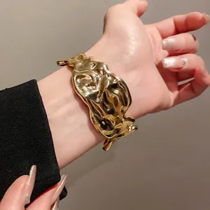 European style high fashion gold pleated irregular metal open bangle cuff for women