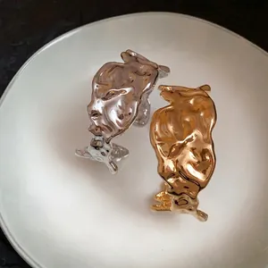 High-end minimalist irregular crumpled metal open cuff bracelets in gold and silver