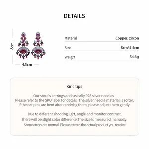 Detail showing zircon fan-shaped drop earrings dimensions and material specifications