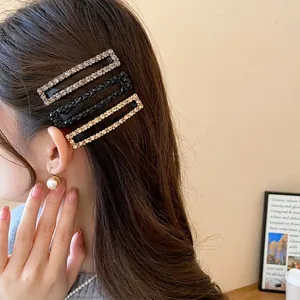 Elegant square rhinestone hair clips in three colors worn by a model in warm light