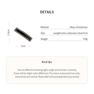 Detailed view of rhinestone hair clip with size and material specifications.