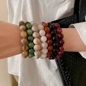 Elegant marble effect beaded bracelet set for women, stylish minimalist retro jewelry