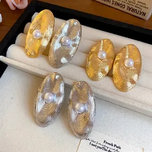 Orecchini a Bottone in Lega Lusso Ovale Geometrico Con Perla Artificiale E Perno in Argento Sterling 925 Orecchini Vintage