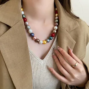 Dopamine Colorful Artificial Pearl Necklace Korean Sweet Round Beaded Clavicle Chain Small Niche Temperament Versatile Neck Jewelry For Women