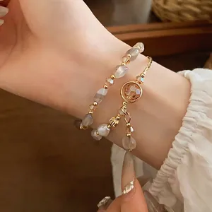 Pulsera Multicapa de Lujo Ligero Francés para Mujer Aleación Chapada en Oro Vintage Piedra Natural Perla Artificial Cadena de Cristal