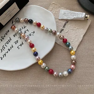 Handmade colorful dopamine style round faux pearl beaded necklace for women jewelry