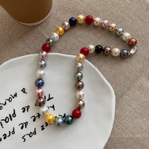 Dopamine multi-colored round pearl necklace for a sweet Korean style clavicle chain