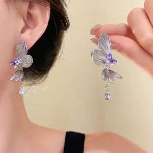 Long Tassel Butterfly Drop Earrings With Silver Earring Post Purple Rhinestone Hollow Out Teardrop Earrings For Beach Vacation Women