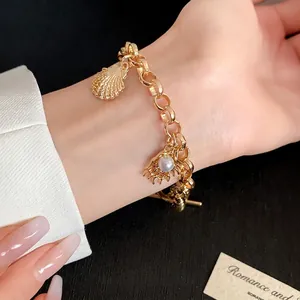 Bracelet pour Femme en Alliage Plaqué Or Océan Étoile de Mer Conque Corail Avec Perle Artificielle Bijoux de Mode