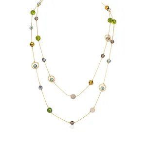 Elegante lange französische Kristall-Gliederkette mit bunten Perlen und Gold-Finish